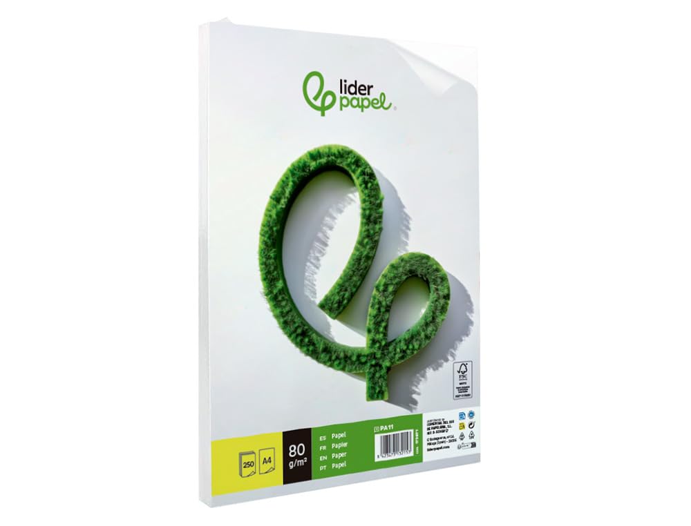 Papel liderpapel A4 210 x 297 mm 80g/m2 liso paquete de 250 hojas.
