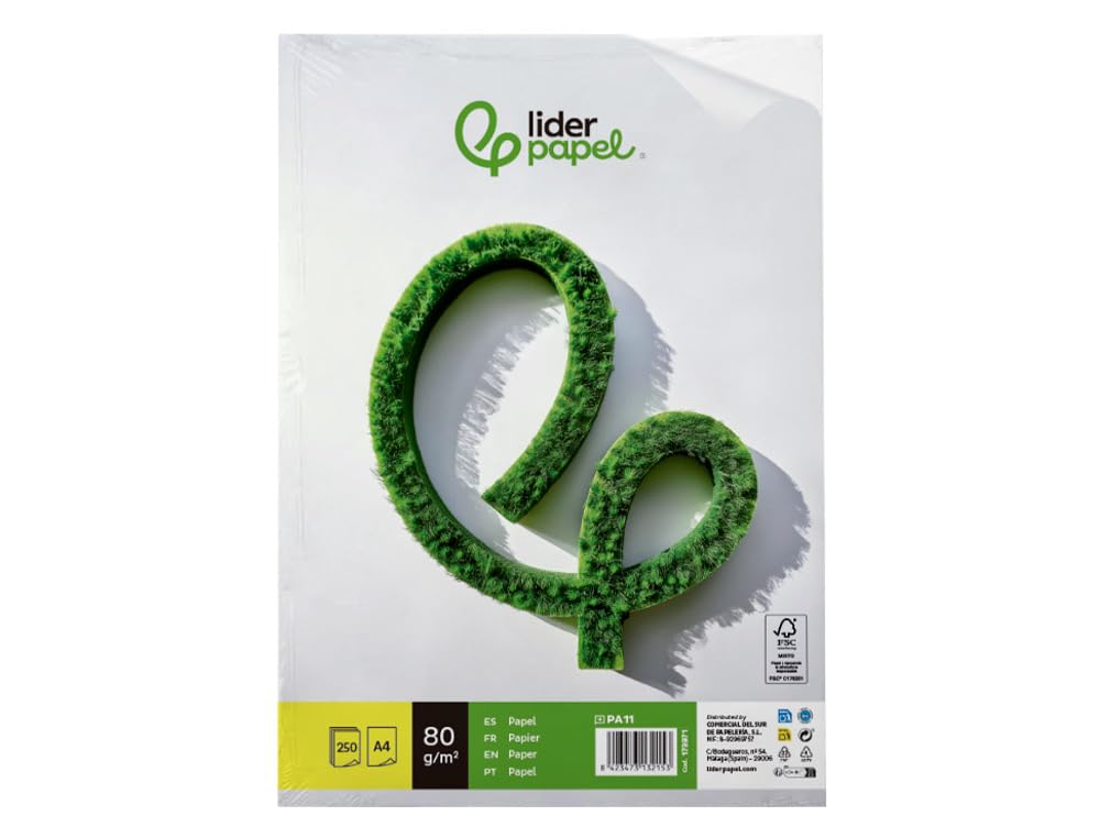 Papel liderpapel A4 210 x 297 mm 80g/m2 liso paquete de 250 hojas.