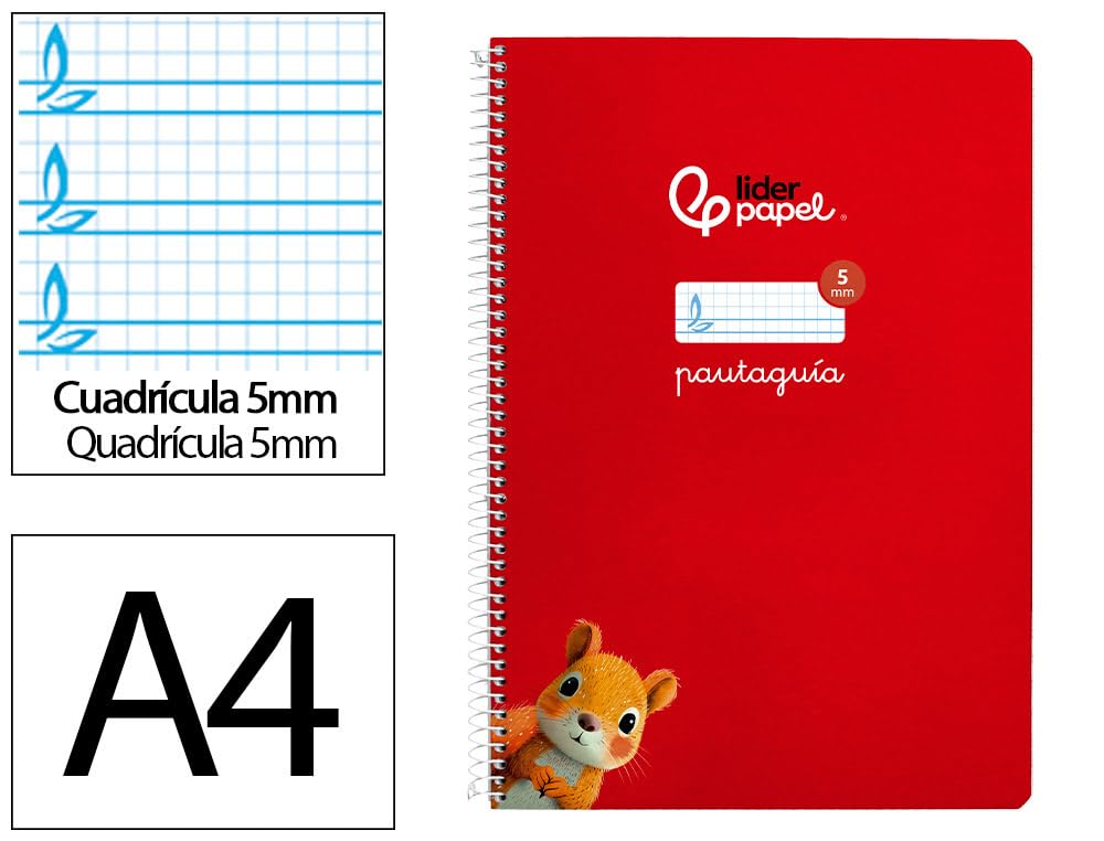 Liderpapel Cuaderno espiral a4 pautaguia tapa blanda 80h 75 gr cuadro pautado 5mm color rojo