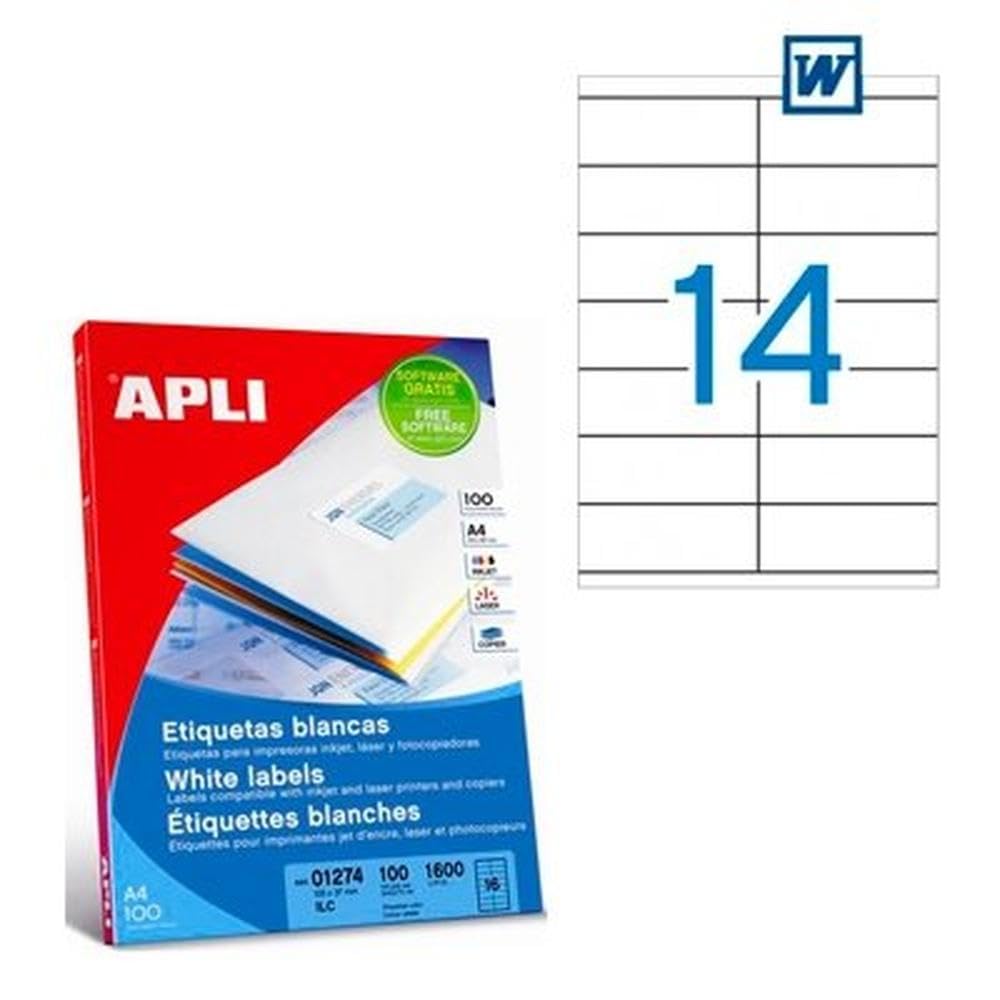 APLI 1277 - Etiqueta adhesiva tamaño 105x42.4 mm -fotocopiadora -laser e inkjet en caja con 1400 etiquetas