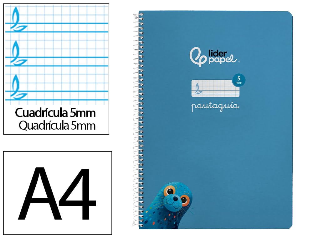 Liderpapel Cuaderno espiral a4 pautaguia tapa blanda 80h 75 gr cuadro pautado 5mm color azul.