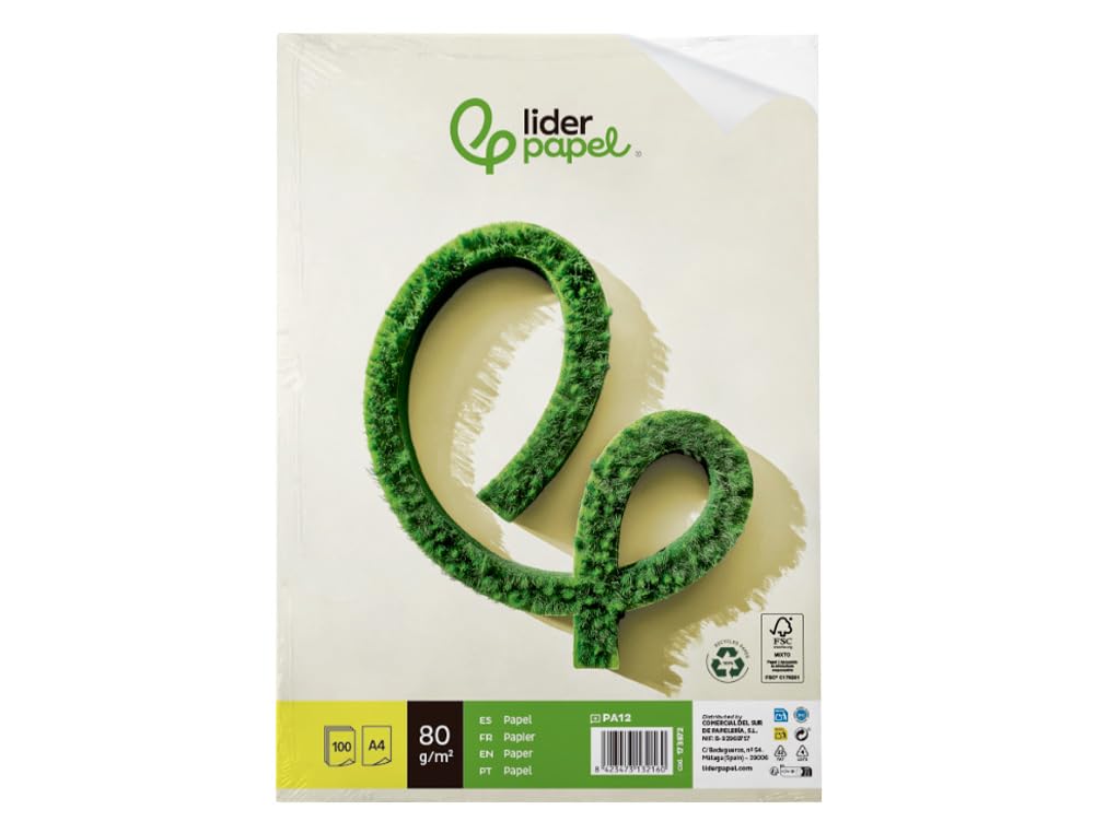 Papel liderpapel A4 210 x 297 mm 80g/m2 reciclado liso paquete de 100 hojas.