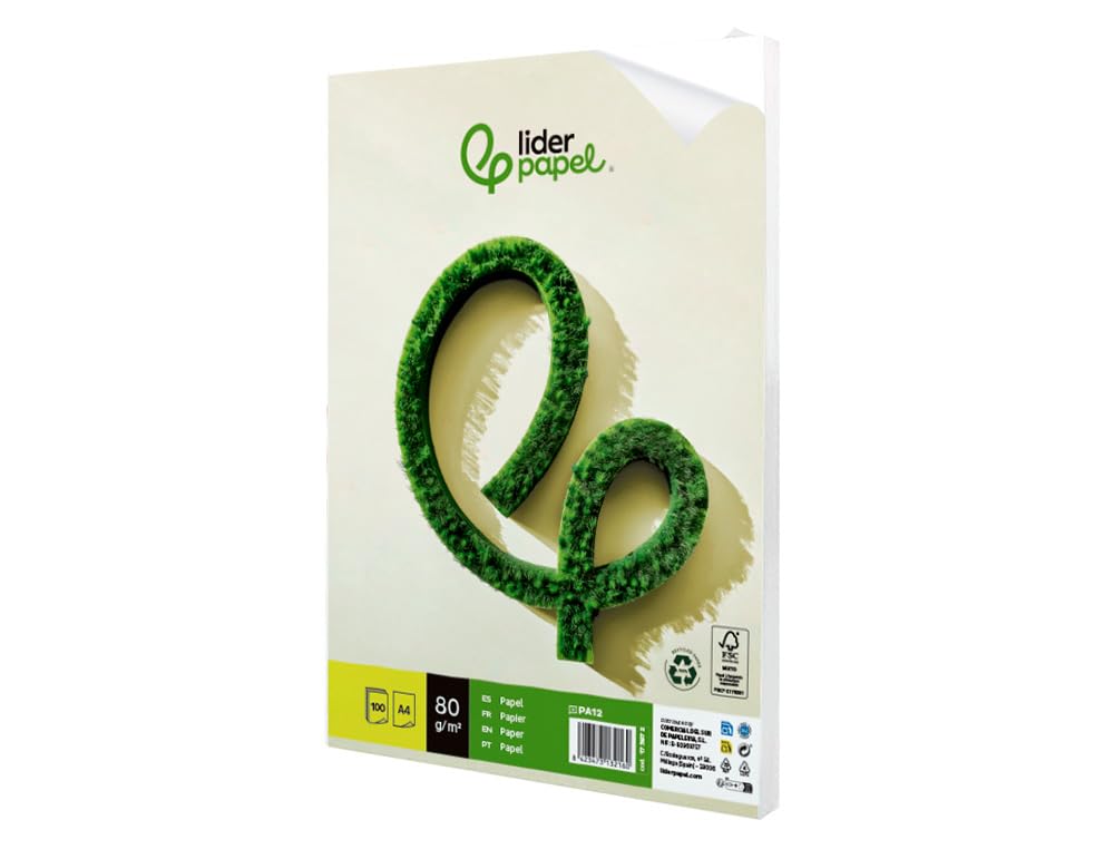 Papel liderpapel A4 210 x 297 mm 80g/m2 reciclado liso paquete de 100 hojas.