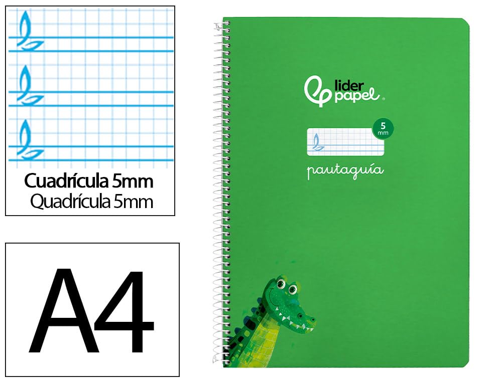Liderpapel Cuaderno espiral a4 pautaguia tapa blanda 80h 75 gr cuadro pautado 5mm color verde.