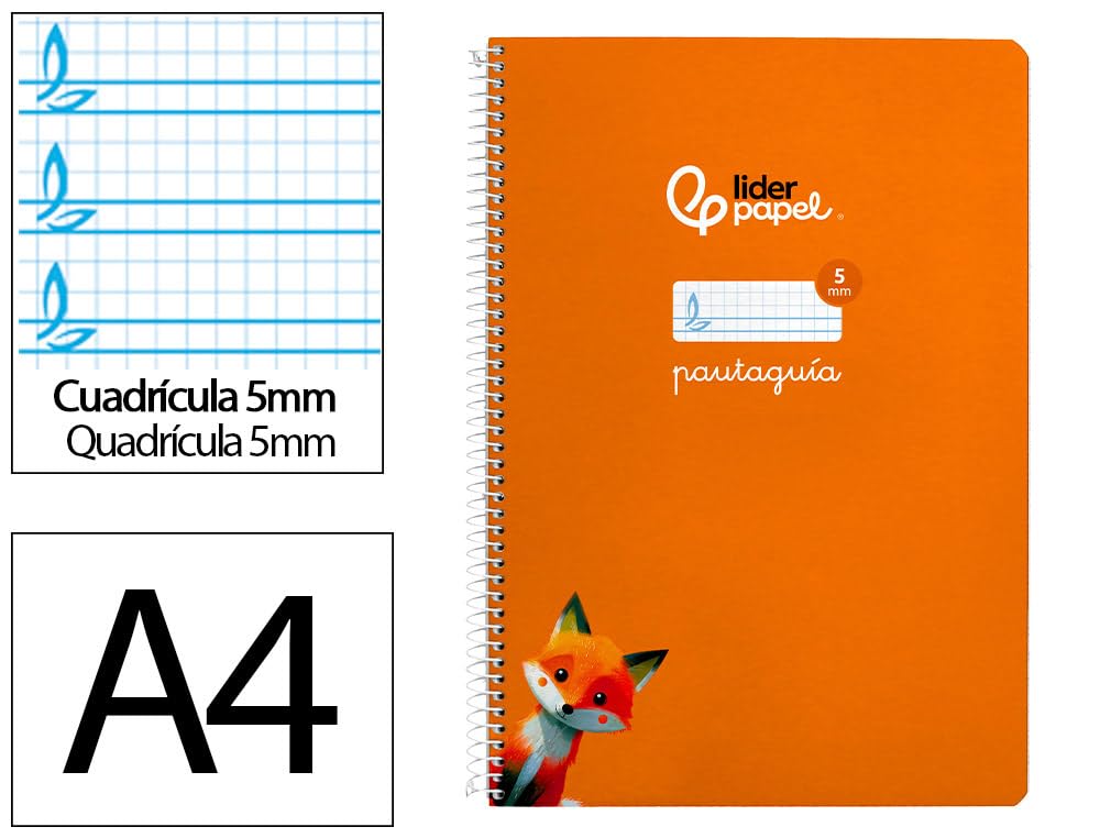 Liderpapel Cuaderno espiral a4 pautaguia tapa blanda 80h 75 gr cuadro pautado 5mm color naranja.