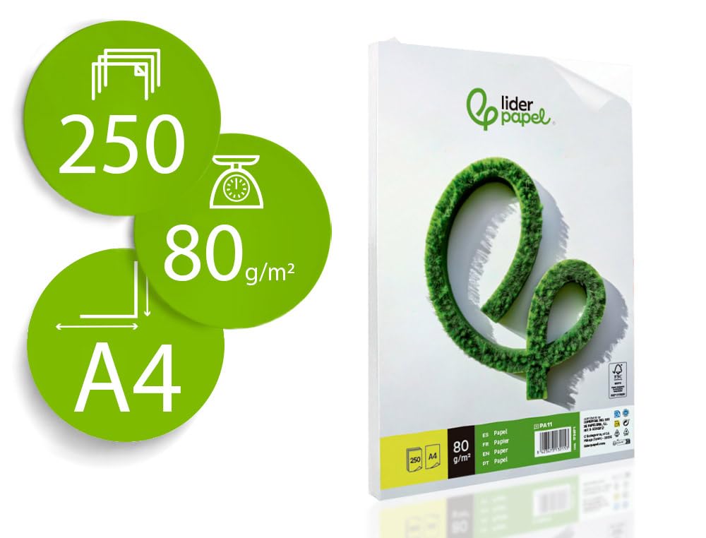 Papel liderpapel A4 210 x 297 mm 80g/m2 liso paquete de 250 hojas.