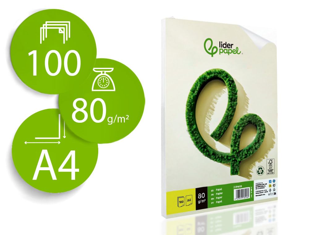 Papel liderpapel A4 210 x 297 mm 80g/m2 reciclado liso paquete de 100 hojas.