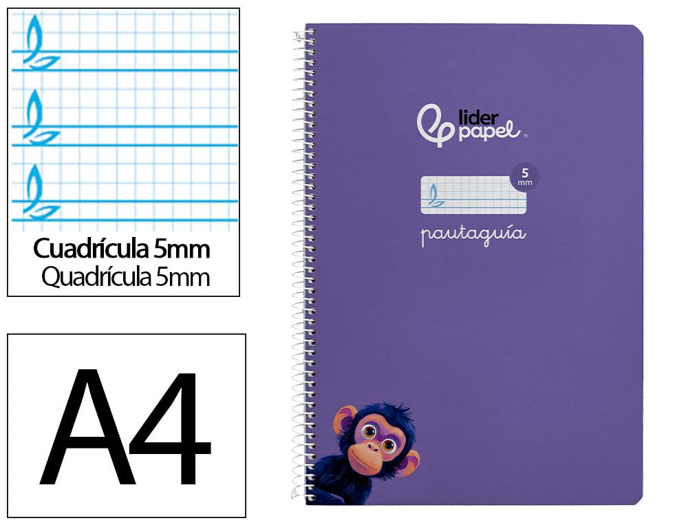 Liderpapel Cuaderno espiral a4 pautaguia tapa blanda 80h 75 gr cuadro pautado 5mm color lila.