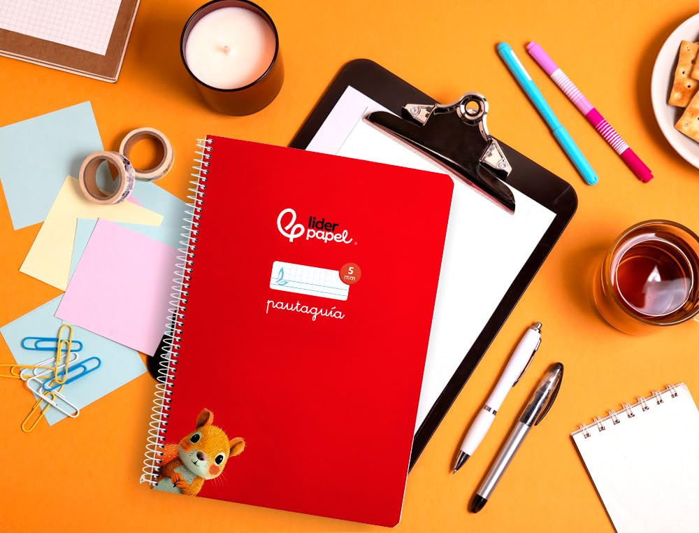 Liderpapel Cuaderno espiral a4 pautaguia tapa blanda 80h 75 gr cuadro pautado 5mm color rojo