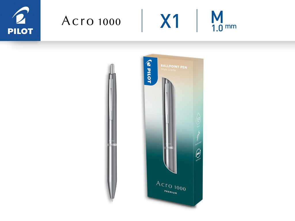 PILOT Bolígrafo premium Acro 1000 en Caja Regalo Plata - Tinta muy suave para una fluidez de escritura inigualable - Bolígrafo recargable y retráctil - Tinta negra - Punta Media