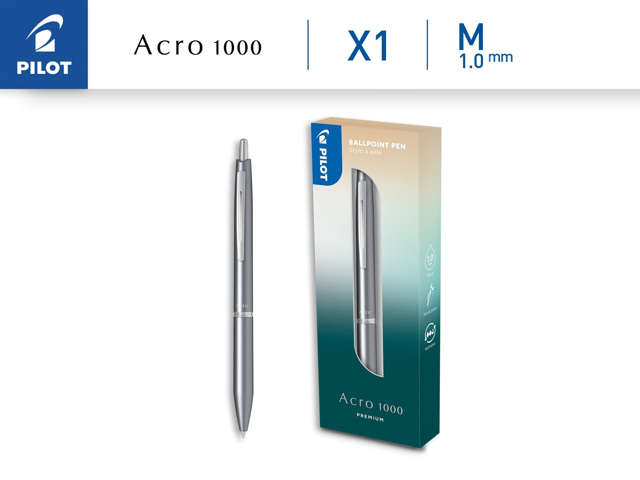 PILOT Bolígrafo premium Acro 1000 en Caja Regalo Plata - Tinta muy suave para una fluidez de escritura inigualable - Bolígrafo recargable y retráctil - Tinta negra - Punta Media