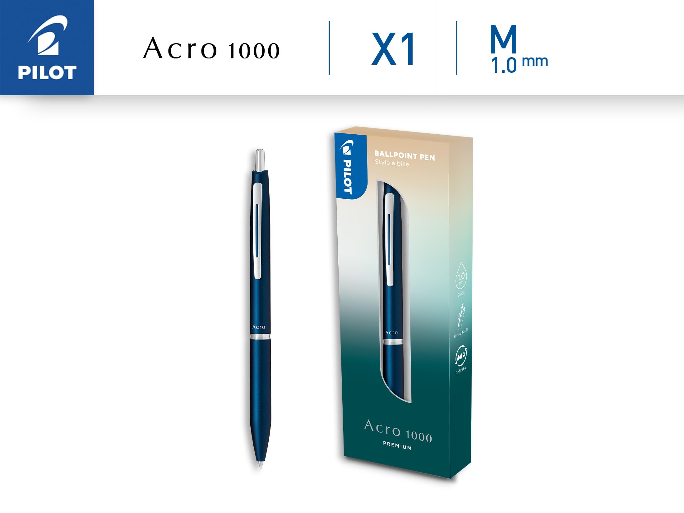 PILOT Bolígrafo premium Acro 1000 en Caja Regalo Azul Marino - Tinta muy suave para una fluidez de escritura inigualable - Bolígrafo recargable y retráctil - Tinta negra - Punta Media