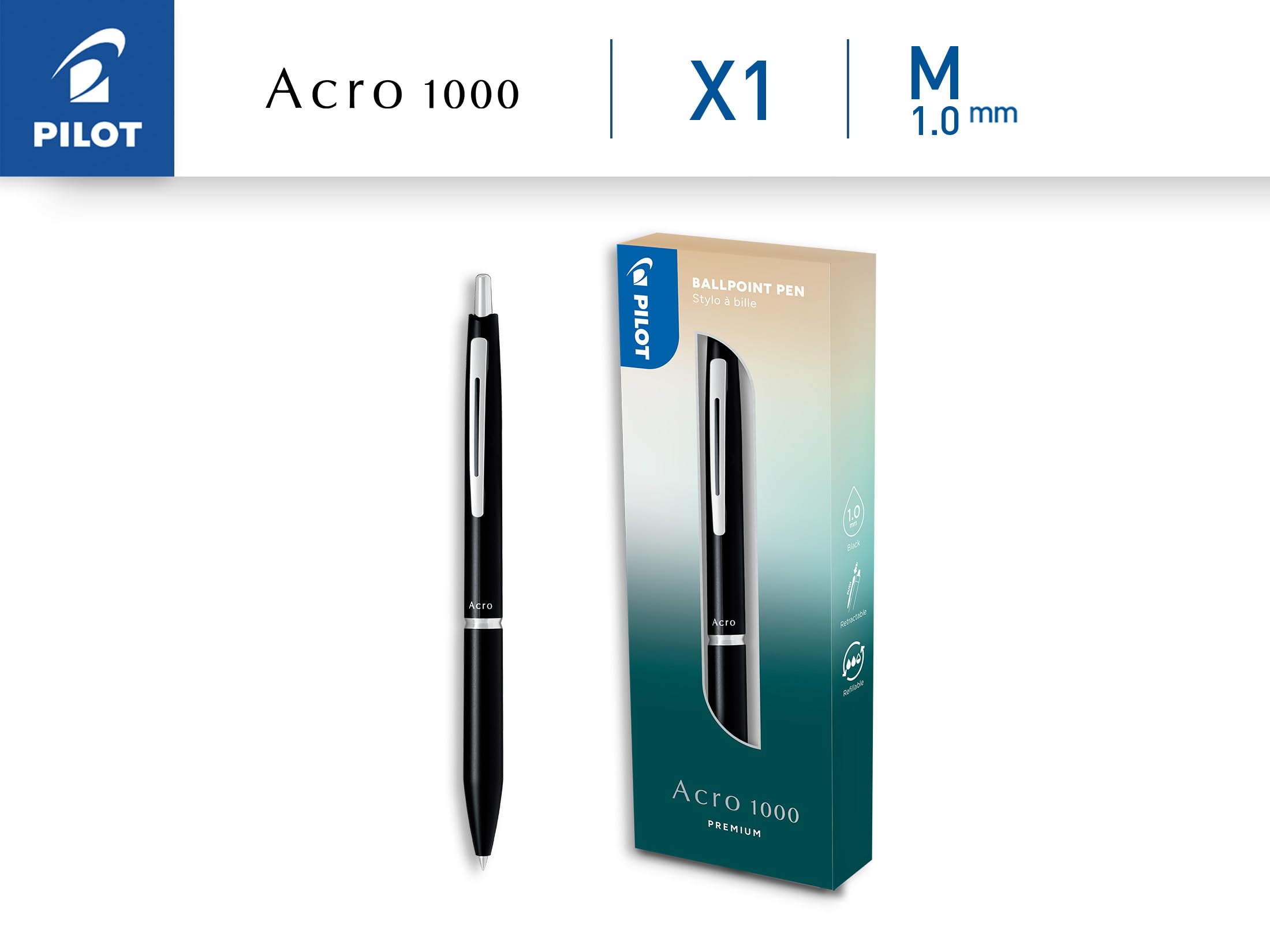 PILOT Bolígrafo premium Acro 1000 en Caja Regalo Negro - Tinta muy suave para una fluidez de escritura inigualable - Bolígrafo recargable y retráctil - Tinta negra - Punta Media