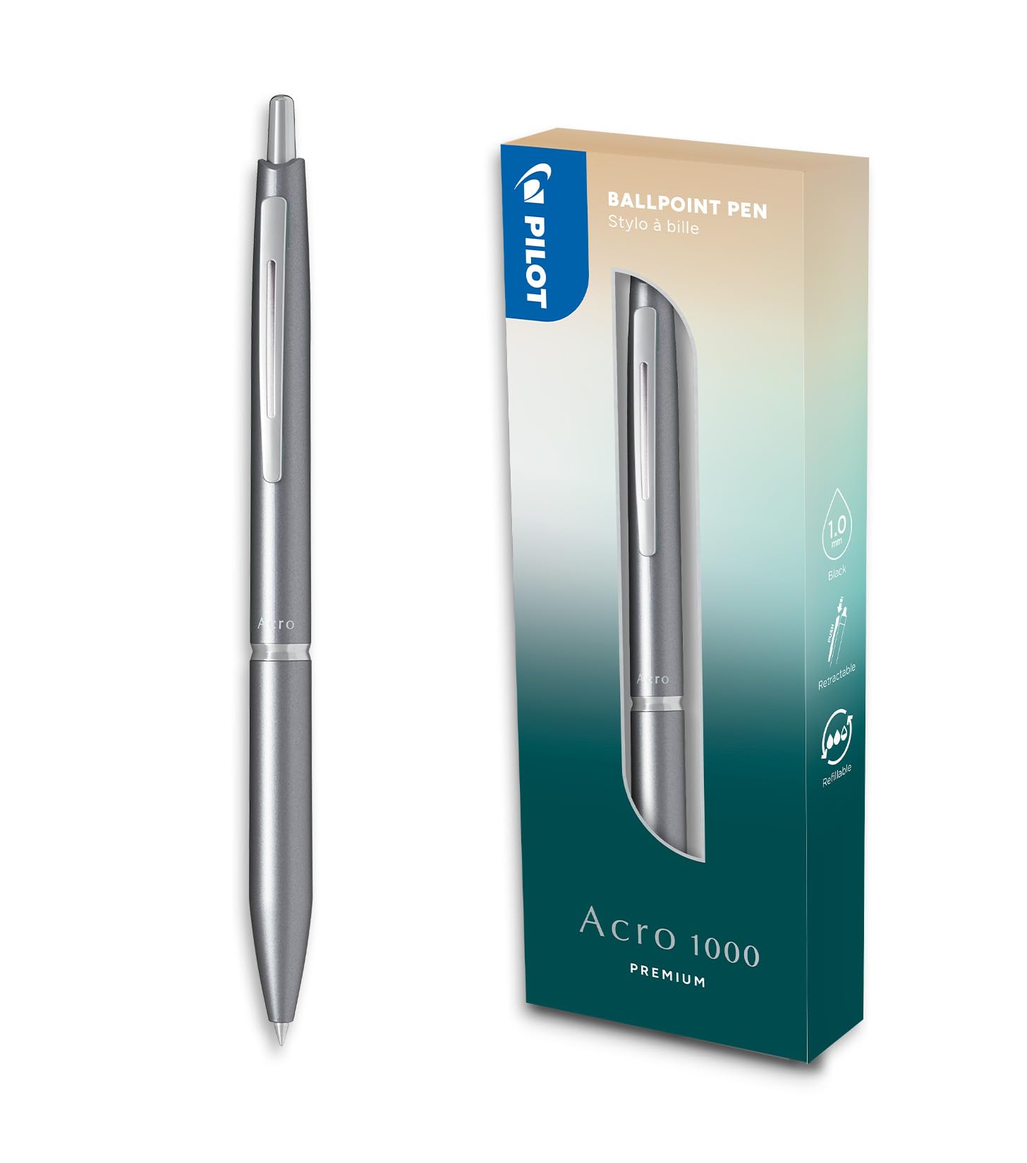 PILOT Bolígrafo premium Acro 1000 en Caja Regalo Plata - Tinta muy suave para una fluidez de escritura inigualable - Bolígrafo recargable y retráctil - Tinta negra - Punta Media