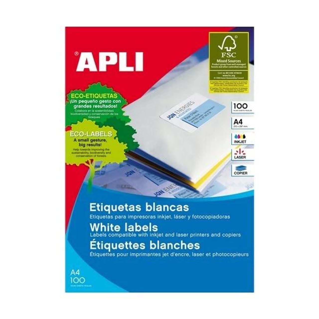 APLI 2423 - Etiquetas adhesivas tamaño 199,6x144,5 mm, fotocopiadora laser ink-jet en caja con 100 hojas, tamaño din a4
