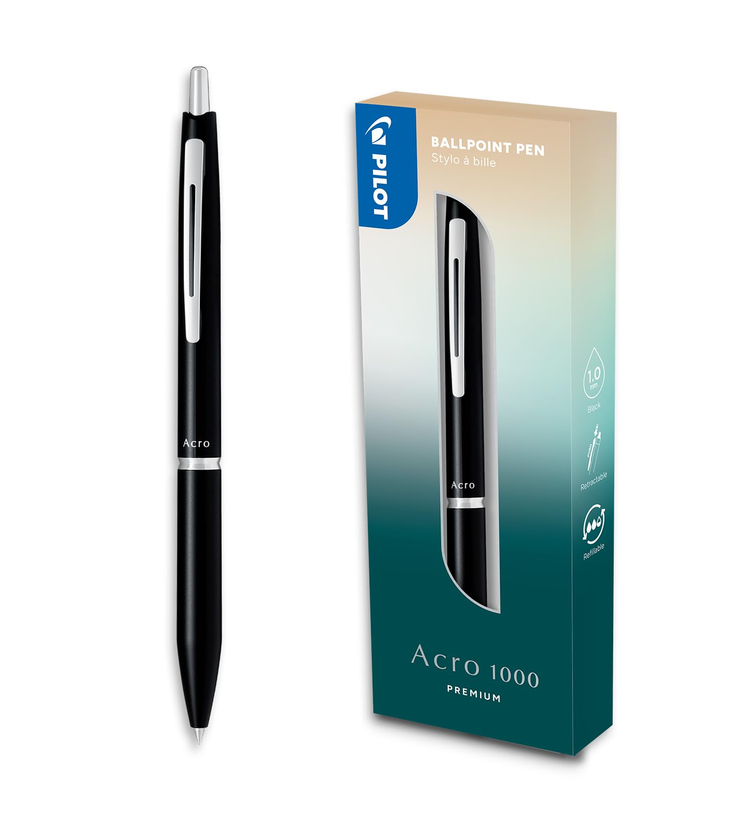PILOT Bolígrafo premium Acro 1000 en Caja Regalo Negro - Tinta muy suave para una fluidez de escritura inigualable - Bolígrafo recargable y retráctil - Tinta negra - Punta Media