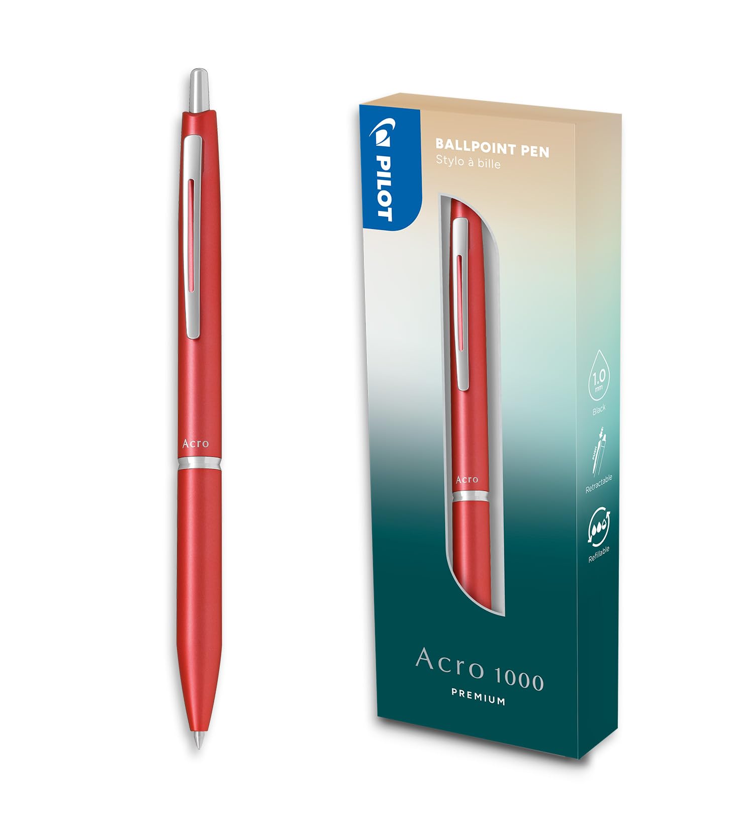 PILOT Bolígrafo premium Acro 1000 en Caja Regalo Rosa Coral - Tinta muy suave para una fluidez de escritura inigualable - Bolígrafo recargable y retráctil - Tinta negra - Punta Media
