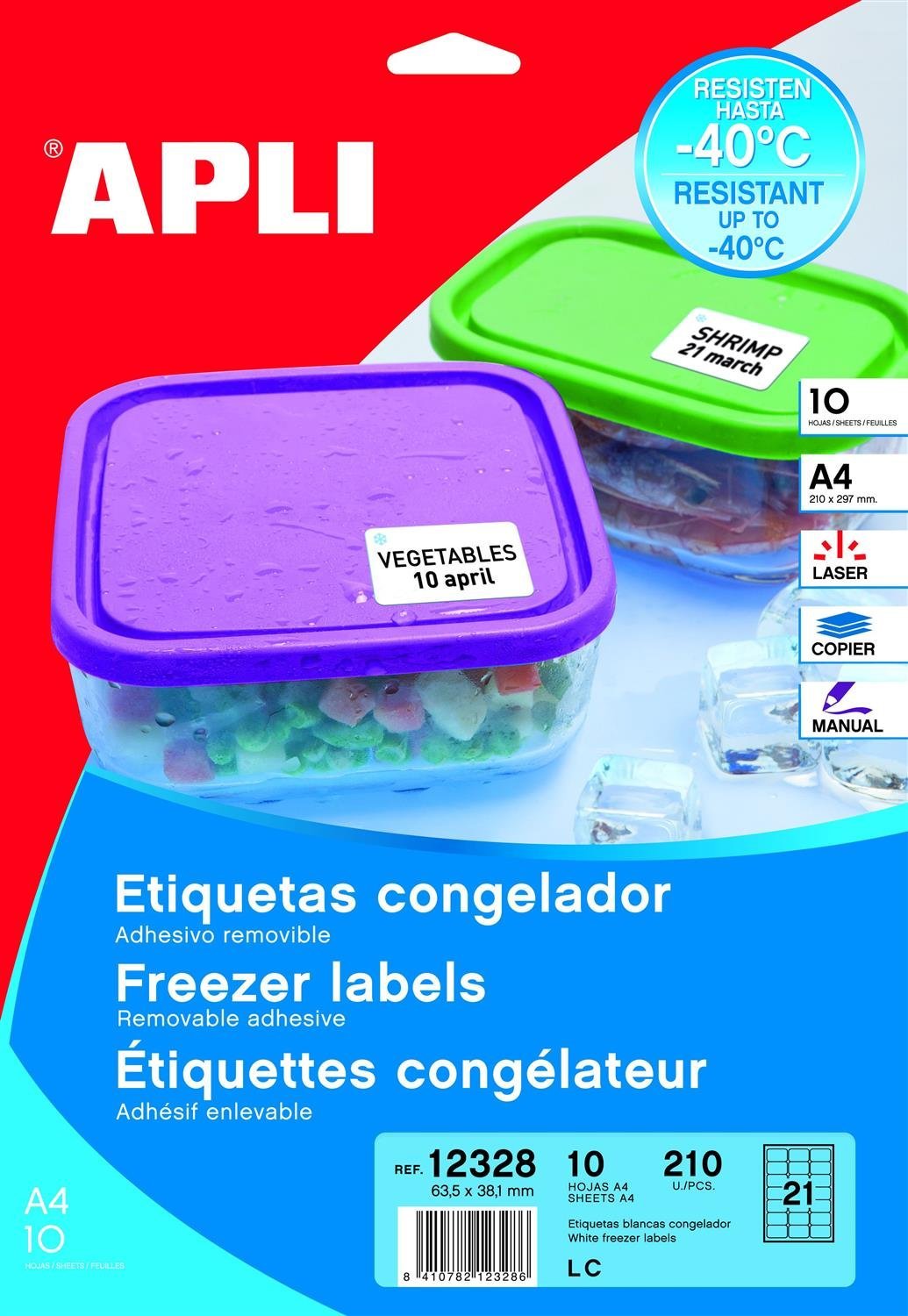 APLI 12328 - Etiquetas adhesivas blancas, tamaño 63,5x38,1 mm especiales para congelados en caja con 10 hojas