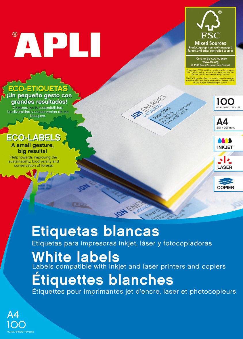 APLI 1282 - Etiquetas adhesivas tamaño 48,5x16,9 mm para fotocopiadora laser ink-jet , caja de 100h, dina4 , 6800 etiquetas